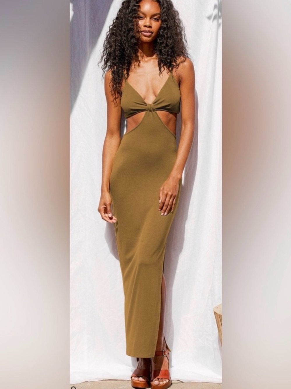 Lulu's opening night Olive Knot Cutout Maxi Dress